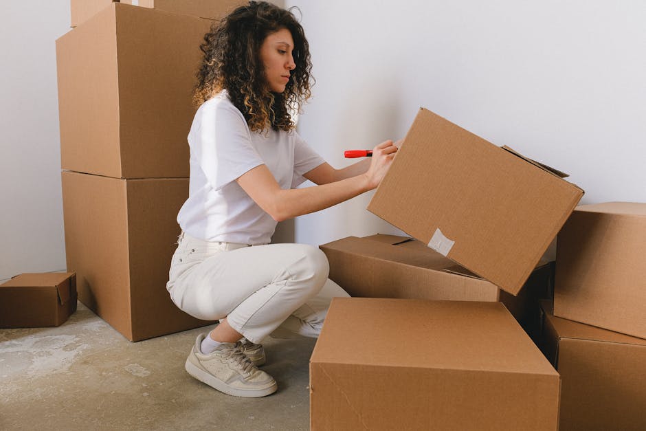 A young woman with curly hair dressed in a white t-shirt, beige trousers, and sneakers is kneeling on the floor of an interior space, preparing to pack or organize moving boxes. She is holding a red marker and appears to be writing or labeling a medium-sized cardboard box, which is partially opened and positioned in front of her. Behind her, there are stacked large cardboard boxes and additional boxes scattered around on a bare, concrete-like floor. The room has plain white walls with no furniture or decorations visible. The scene depicts a packing process related to home relocation or furniture transport, with the woman actively involved in packing or labeling boxes for a move, possibly managed by [COMPANY_NAME]. The lighting appears natural, and the focus is on the woman engaged in packing activities, illustrating the logistical steps involved in professional removals and moving services.